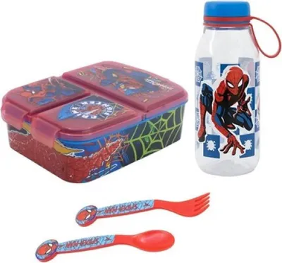 Produktbild von Marvel Spiderman 4 teiliges Kinder Set Brotdose Trinkflasche Besteck