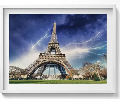 Produktbild von Eiffelturm, Blitze und Gewitter– Wandbild mit Rahmen – Gerahmtes Bild  – Wanddekoration – 80x60 cm –  Weiß Rahmen