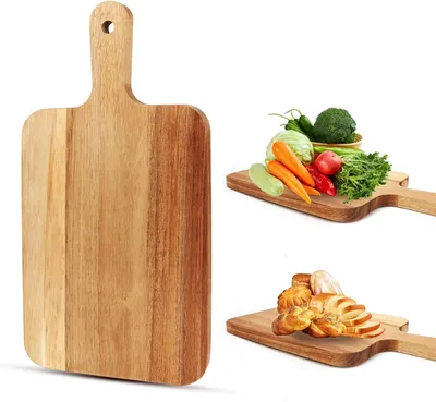 Image de Planche à découper en bois - Planche de cuisine, planche de service - Idéale pour le pain, le fromage et la découpe - Avec poignée - 35 x 18 cm - Couleur bois