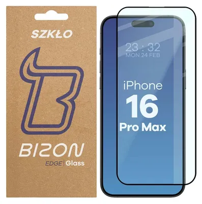 The image shows the packaging for a Bizon Edge Glass 2 screen protector for an iPhone 16 Pro Max, alongside the screen protector itself placed on a representation of the phone.