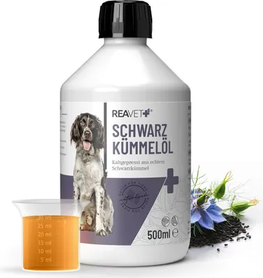 Produktbild von REAVET Schwarzkümmelöl 500ml für Hunde & Pferde - Kaltgepresst aus echtem Schwarzkümmel I Barf-Zusatz, Kümmel-Öl mit essenzielle Omega-Fettsäuren für Fell, Haar & Haut