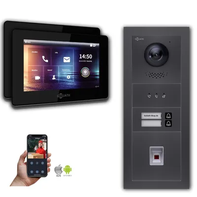 Produktbild von Goliath IP Video Türsprechanlage: 7-Zoll 2 Familienhaus, Fingerprint, Anzeige, Anthrazit : 7 Zoll Schwarz : 4er POE : Unterputzdose Anschluss: 4er POE Monitor Farbe: 7 Zoll Schwarz Montage: Unterputzdose