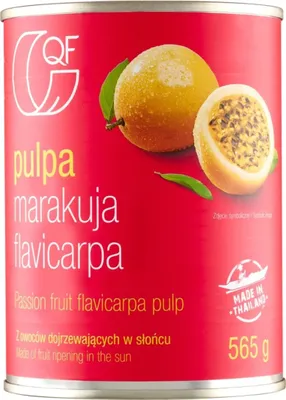A can of passion fruit pulp with an image of passion fruit on the front.