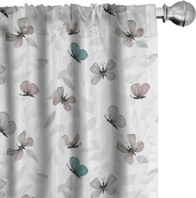 Obrázok produktu pre ABAKUHAUS Prírodné závesy, záclony, abstraktný vzor s motýľmi a muchami, bledé kvety, umelecké dielo, 2 kusy, 75 x 245 cm, biela a bledomodrá farba
