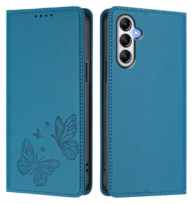 Produktbild von Lederhülle für Samsung Galaxy A24 4G, Schmetterling Prägung Leder Brieftasche Schutzhülle mit Ständer Blau