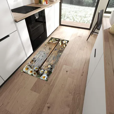 Produktbild von Küchenläufer 60 x 150 cm Braun rutschfest & waschbar – Küchenteppich Gänseblümchen auf Holz PVC Teppichläufer Küche