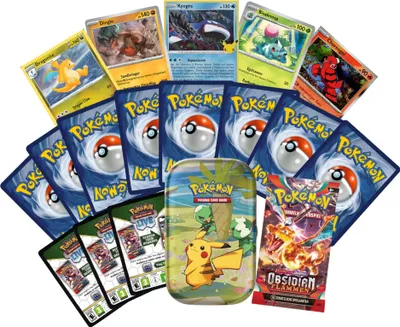 Productafbeelding van Pokémon SUPER Cadeauset | 1 mini blikdoos met 50 willekeurige kaarten | 1 willekeurige boosterpack | 3 codes | 5 holografische kaarten + Heartforcards® verzendbescherming