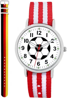 Produktbild von Pacific Time Fußball Armbanduhr Kinder Jungen Mädchen 2 Wechselarmbänder Deutschland + rot weiß 86922