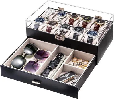 Produktbild von Famanu Uhrenbox mit Schublade - 10 Fächer - Uhrenständer - Acryl-Deckel - Schwarz