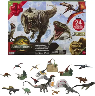 A Jurassic World advent calendar box with various dinosaur figures displayed below.