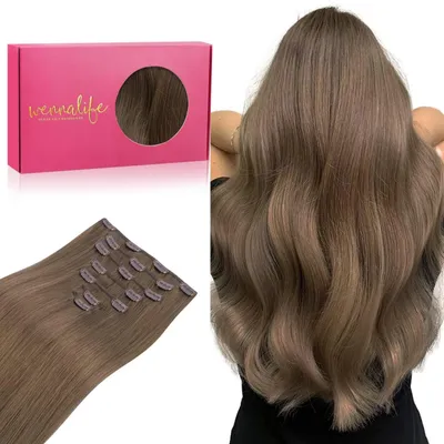 Obrázek produktu pro Clip-in prodlužovací vlasy, přírodní vlasy, délka 55 cm, hmotnost 120 g, 7 kusů, světlá, popelavě hnědá barva, rovné
