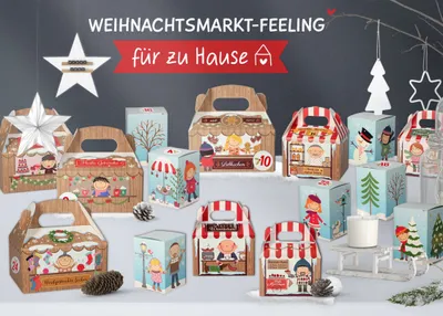 A collection of Christmas-themed gift boxes arranged on a snowy surface, with festive decorations in the background.