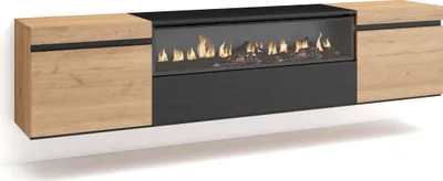 A modern, wall-mounted TV cabinet with a built-in electric fireplace, featuring wood-effect doors and a black frame.