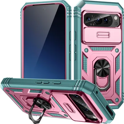 Produktbild von Hülle für Google Pixel 9/Pixel 9 Pro, Schiebe Kamera Schutz Stoßfest Schutzhülle mit Ringhalterung Ständer Pink