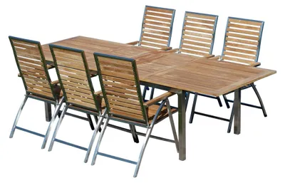 Produktbild von ALEOS. Gartengarnitur Edelstahl Teak Set: Ausziehtisch 200 auf 240 auf 280 cm x 100 cm + 6 Teak-Edelstahl Hochlehner, Sitzgruppe A-Grade Teak Holz - Gartenmöbel Set 6 Personen Gastronomie Qualität