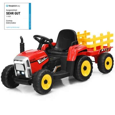 Produktbild von COSTWAY 12V 3-Gang Traktor mit abnehmbarem Anhänger und 2,4G Fernbedienung, Kinder Aufsitztraktor mit LED Lichtern, Musik, Hupe, Bluetooth & USB Funktionen, geeignet für Kinder ab 3 Jahren (Rot)