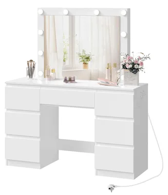 Imagen del producto de Tocador - Mesa de maquillaje - Espejo grande - 7 cajones - Iluminación LED - Puerto de carga - Blanco