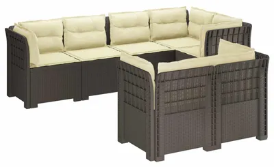 Image de vidaXL : Canapé de jardin pour 7 personnes avec coussins, imitation rotin, plastique PP, gris clair