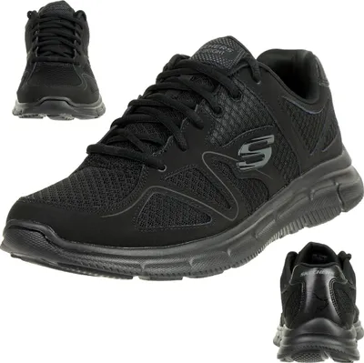 A studio shot of a pair of black Skechers athletic shoes, with additional views of the shoes.