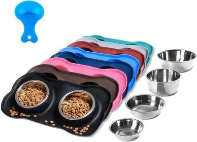 Produktbild von Hunde- und Katzenfutterboxen aus Edelstahl, wasserdicht, mit Anti-Slip-Silikonmatte und Futtereimer für Hunde, Katzen und Welpen