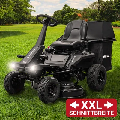 Produktbild von BRAST Akku Rasentraktor Aufsitzmäher | 48V - Elektroantrieb mit 75Ah Batterie | Elektrostart | XXL Schnittbreite 92cm | 4in1-Funktion | 150L Fangkorb | für große Rasenflächen 1.000-5.000 m²