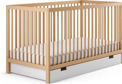 Produktbild von Babybett Kinderbett Gitterbett höhenverstellbar & herausnehmbare Sprossen Holz mit Schublade und Matratze natur 70x140 cm von Geburt bis 6. Lebensjahr
