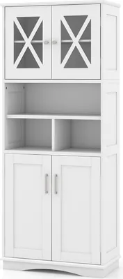 Immagine prodotto di Mobile da bagno alto con 2 vani, 3 scomparti e 4 ante, con ripiani regolabili, dotato di sistema antiribaltamento, 145 × 60 × 30 cm, bianco