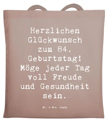 Produktbild von Mr. & Mrs. Panda Tote Bag Spruch 84. Geburtstag - Braun Pastell - Geschenk, Geburtstagsfeier, Schultasche, Herzlichen Glückwunsch, Laptoptasche, Geburtstagsgeschenk