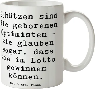 Produktbild von Mr. & Mrs. Panda Becher Spruch Schütze Optimist - Weiß - Geschenk, Geschenke Sternzeichen, Glaube ans Lotto, Schütze-Geschenke, schöne tasse, Optimismus, cappuccinotasse