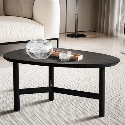 Obrázek produktu pro FineBuy konferenční stolek 80 cm ve tvaru ledviny z masivního mangového dřeva, černý · Obývací stolek s třínohou kovovou konstrukcí · Moderní oválný stolek z masivního dřeva