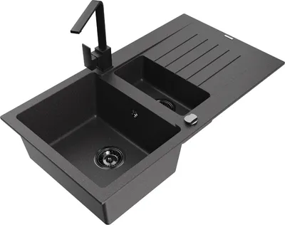 Produktbild von Mexen Matias 1,5-Becken-Granitspüle mit Abtropffläche und Mischbatterie Rita, Schwarz gesprenkelt - 6502-76-670300-70-B