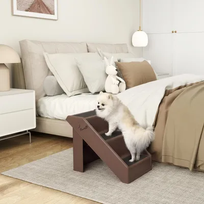 Image de Escalier pliable pour chien, 3 marches, escalier pour animaux de compagnie (chien/chat), en plastique EVA, marron | 53 x 30,5 x 36,5 cm | pour lit, canapé, voiture