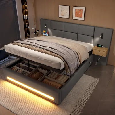 Produktbild von LVHOM Polsterbett 180x200cm mit Nachttisch und Leselampe, Doppelbett mit LED und USB, Hydraulisches Boxspringbett mit Lattenrost, Stauraumbett, Grau