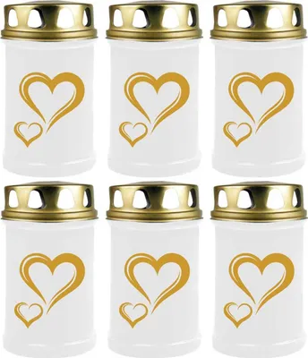 Produktbild von Grabkerze Weiß 6er Pack ( Druck Gold ), 48 Stunden/Kerze, Motiv: Herz