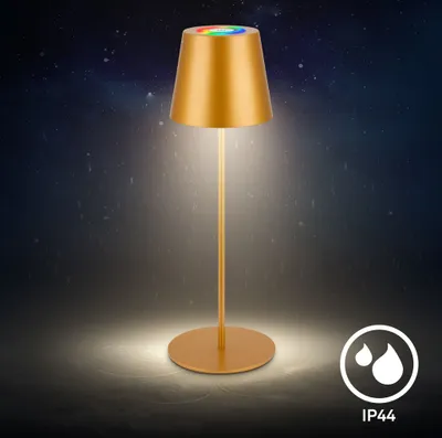 Produktbild von Briloner Calida 3 in 1 RGBW LED Tischlampe kabellos IP44, Dimmbar, Touch, Höhenverstellbar, Spritzwasserschutz, Goldfarbig, 36 x Ø10,5 cm
