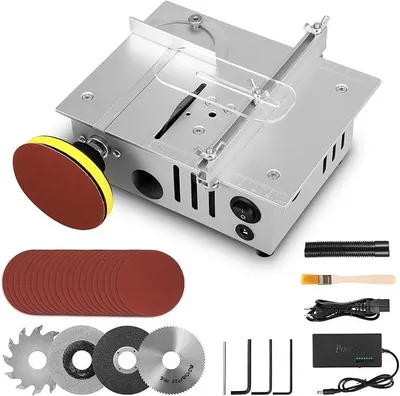 Immagine prodotto di Mini sega circolare da banco con disco abrasivo e 4 lame, mini sega circolare con alimentatore a 7 velocità, lama regolabile da 0,1 a 15 mm, sega circolare da banco piccola e portatile per lavori di precisione sul legno
