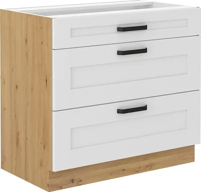 A three-drawer kitchen cabinet base unit with a white front and an artisan oak effect side and plinth.