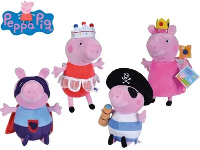 Four Peppa Pig plush toys dressed in costumes are displayed against a white background. The toys are a superhero, a princess, a pirate, and another princess. A Peppa Pig logo is visible in the top left corner.