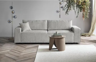 Produktbild von Schlafsofa Primo modernes Sofa aus Cordstoff Couch mit Schlaffunktion Bettkasten, Stoff: poso 100 - beige