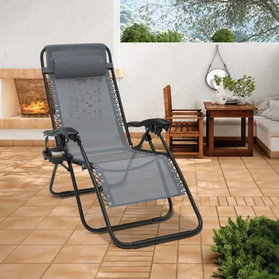 Produktbild von LZQ Skládací lehátko, nastavitelné, s polštářkem pod hlavu a držákem na nápoje, odolné proti UV záření, šedé, nosnost 120 kg
