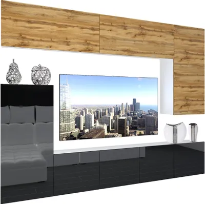 Produktbild von BELINI Wohnwand Vollausstattung Wohnzimmer-Set Moderne Schrankwand mit LED-Beleuchtung Weiß Glänzend Anbauwand TV-Schrank Wotan Eiche / Schwarz Glänzend/Matt