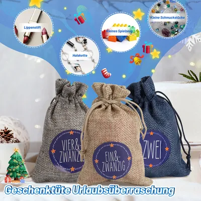 Three burlap gift bags with numbers and stars on them, set against a blue and white background with festive decorations.