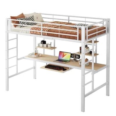 Produktbild von Hochbett mit Rausfallschutz, Lattenrost, Schreibtisch und Leiter, 90x200 cm, Metallbett, Kinderbett, Jugendbett