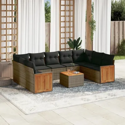 Produktbild von Design 10-tlg. Garten-Sofagarnitur mit Kissen Grau Poly Rattan, Gartenmöbel-Sets 2024 Neu