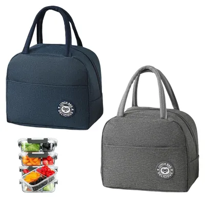 Produktbild von Set aus 2 kleinen Kühlbeuteln – Faltbare Thermotaschen für unterwegs (Blau und Grau)