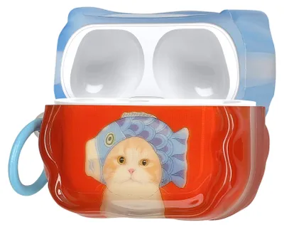 Produktbild von kwmobile In-Ear Kopfhörer Case für Apple Airpods Pro 2 / Pro 1 Hülle mit Karabiner - Headphones Case - Earphones Cover Etui - Katze mit Fischhut