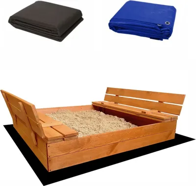 Produktbild von Ladanas® Sandkasten XL-Sandkiste aus Holz-140 x140cm. IMPRÄGNIERT -Sandkiste Kinder incl. VLIES und ABDECKPLANE - faltbaren Bänken
