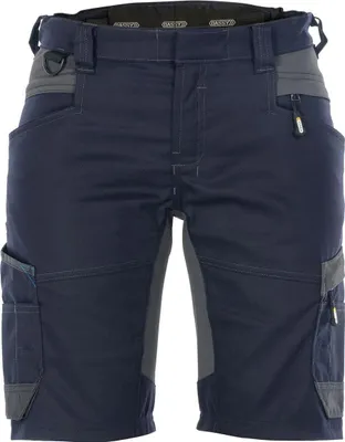 A front view of a pair of navy and gray work shorts.