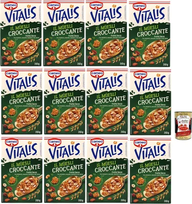 Produktbild von Cameo Vitalis Muesli Croccante Frutta Secca, Müsli knusprige getrocknete Früchte mit Ganzhöfenflocken Hafer Mandeln Anacardi Haselnüsse und Pekannusswalnüsse, 12x 310 g + Italian Gourmet polpa 400g
