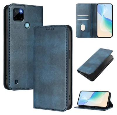 A collage of images showcasing a blue flip phone case from multiple angles, including open and closed views, and a close-up of the phone inside.